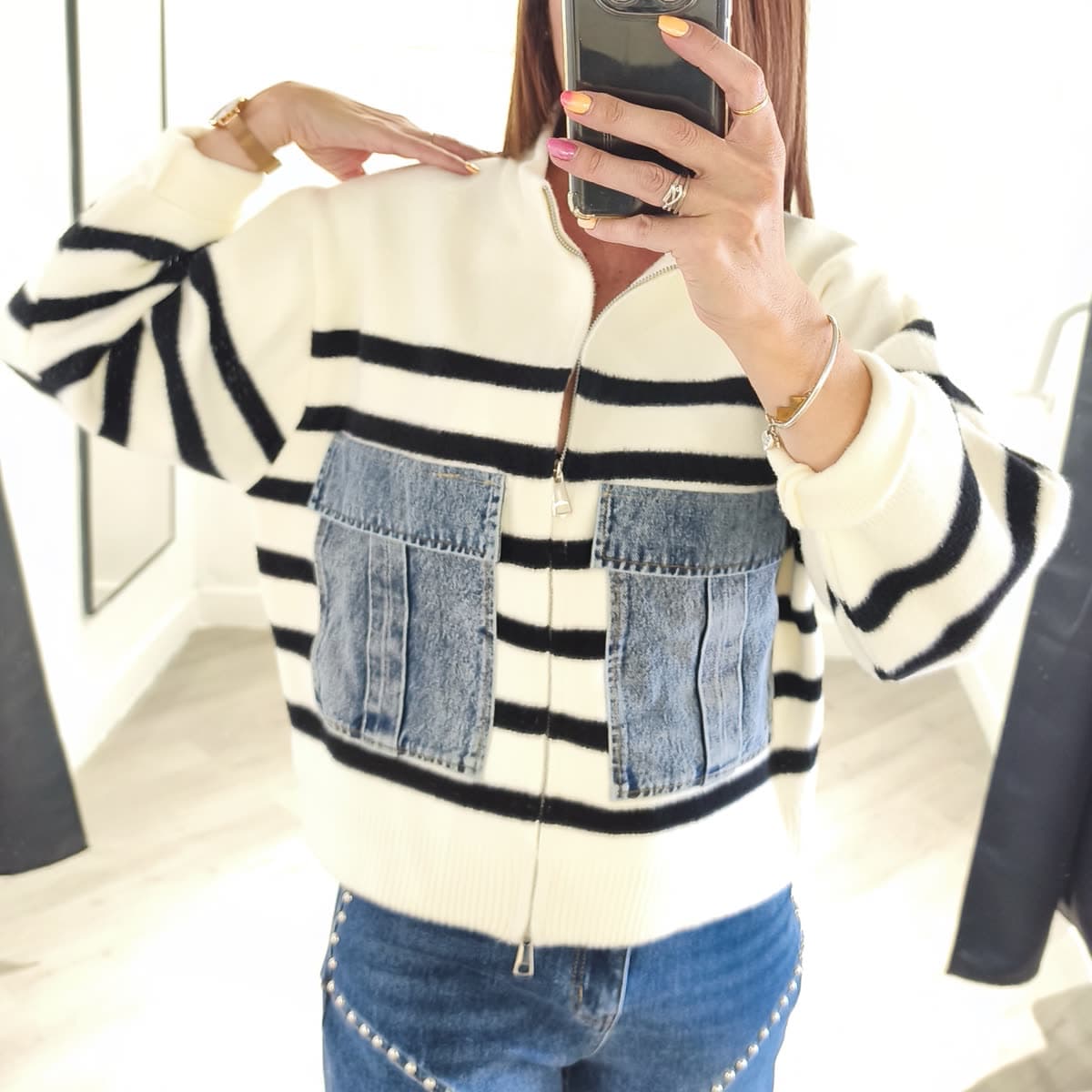 Pull rayé poches jean